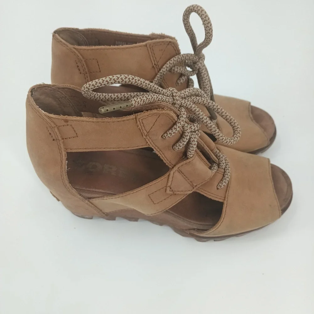 Sorel Joanie ll Lace Tan up Leather Wedge Sandals Open Toe NL2914-224 Sz 8.5